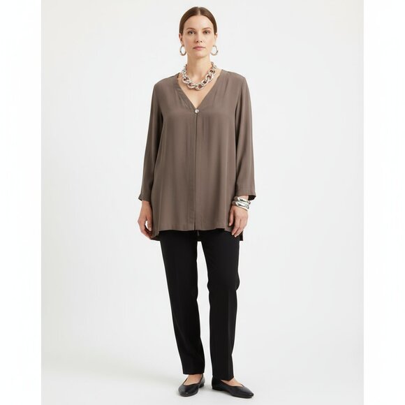 Eileen Fisher Brown Top Button Front Silk Tunic Top M/L - Picture 12 of 12